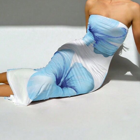 Blue Sexy Women's Romantic Date Night Strapless Bodycon Dress - Picture 3 of 5